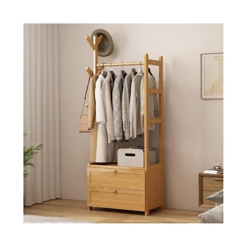 Perchero de pie con cajón de almacenamiento, XL para colgar ropa de pie para dormitorio y entrada, elegante perchero abierto en color original