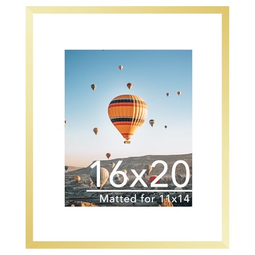 Image of JCJMY 16x20 Picture Frame with 11x14 Mat, Display Photo 11x14 with Mat or 16 x 20 Without Mat, Wall Hanging Large 16 by 20 Poster Frame with Plexiglass, Gold