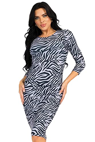 ICONOFLASH Damen 3/4 Ärmel Midi Bodycon Kleid Rundhals Taillierte Kleider mit Übergrößen Optionen, Zebra-Print, XXX-Large Mehr