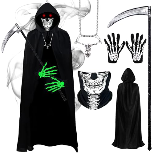 Halloween Sensenmann Kostüm Herren Robe mit Kapuze, 5Pcs Reaper Halloween Kostüme Set mit Sensemann Umhang Totenkopf Sense Maske Halsketten Handschuhe für Unisex Rollenspiele Party Karneval Cosplay