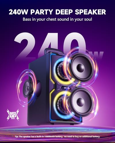 Image of Hotlemon Large Bluetooth Speaker: 240W Peak Powerful Loud Sound with Deep Bass, 15H Playtime, Fast Charge, TWS, Portable Wireless Speakers for Outdoor, Party, Beach, Backyard, Home, Outside (Black)