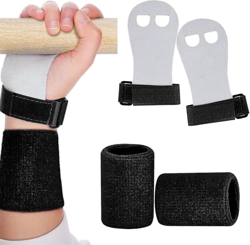 Leanockesa 2 Packs Gymnastics Grips Wristbands Sets, Palm Protection & Wrist Support for Training, Workout, Sports Accessories (Black)