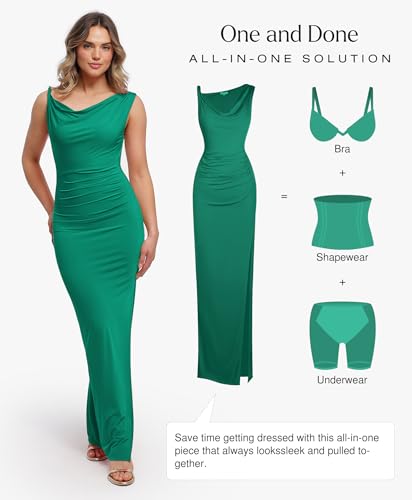 Image of Popilush Maxi Formal Dresses for Women, Shapewear Ruched Dress | Bodycon, Tummy Control, Gowns with Slit, Prom and Wedding Guest
