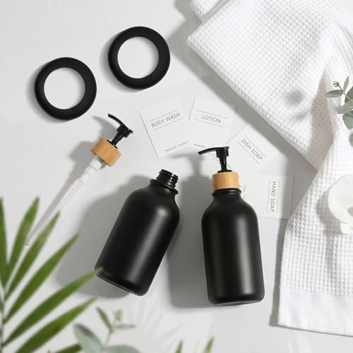 Image of KASUNTING Hand Soap Dispenser Bathroom with Anti-Slip Silicone Boot, Black Dish Soap Dispenser for Kitchen, 2 Pack 17 Fl Oz Plastic Hand and Dish Soap Dispensers Set with Bamboo Pump