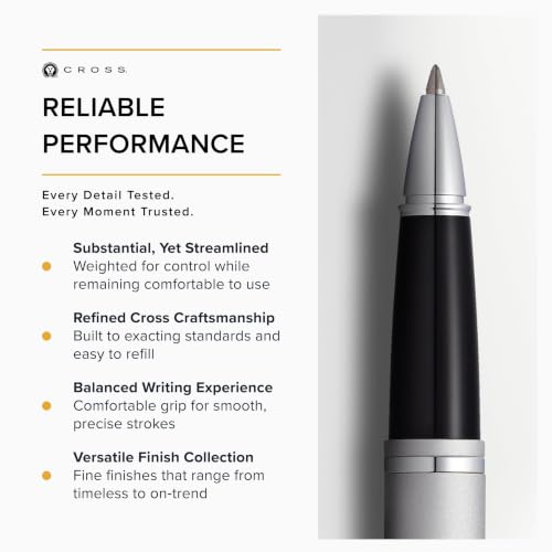 Image of Cross Calais Satin Chrome Refillable Rollerball Pen - Medium Point, Black Ink, Smooth Writing, Presented in a Luxury Gift Box