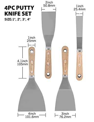 Rollingdog 4Pc Putty Knife Scrapers - Stainless Steel Spackle Knife Set With Laser Engraved Wood Handle For Scrapering,Drywall Repairs And Spreading(1",2",3",4") #TOP1