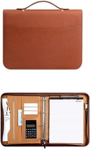 Nicffdi 多機能皮質ファイルフォルダーA4サイズクリップボードビジネスカード入れ付き書類ホルダー計算機付き事務用クリップファイル板?営業用二つ折りジッパー付き (ブラウン)