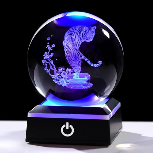 Ornalrist 8cm Crystal Ball Engraved 3D Tiger Figurine Gifts for Women Glass Tiger Sphere Paperweight Ornament with LED Light Base for Home Decor Christmas Birthday