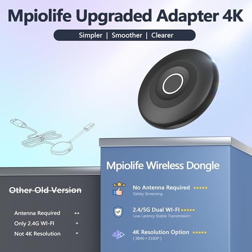 Image of MpioLife True 4K Wireless Display Adapter, Plug & Play, HDMI Dongle 5G+2.4G Wireless Screen Mirroring Cast from Smartphone Tablet Laptop PC to HDTV /Monitor /Projector, Support AirPlay DLNA Miracast
