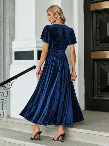 Image of Simplee Women's V Neck Velvet Maxi Dress Short Sleeve Empire Waist Long Formal Dress for Wedding Guest