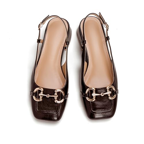 Image of Slingback Mary Jane Heels for Women Low Block Heel Closed Square Toe Pump Shoes Heels Classic Daily Office Dressy Shoes