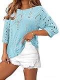 CRAZY GRID Womens Spring Fashion 2026 Crew Neck 3/4 Sleeve Crochet Tops Knit Pullover Sweaters Loose Fit Beach Vacation Cover Ups Blue Large