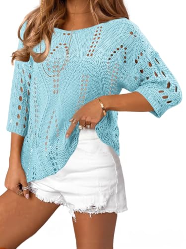 CRAZY GRID Womens Spring Fashion 2026 Crew Neck 3/4 Sleeve Crochet Tops Knit Pullover Sweaters Loose Fit Beach Vacation Cover Ups Blue Large