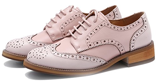 U-lite Women's Perforated Lace-up Wingtip Leather Flat Oxfords Vintage Oxford Shoes Brogues (8.5, Pink/Light Pink)