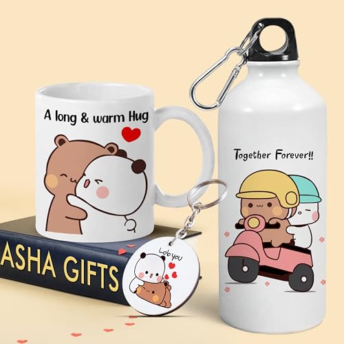 Image of Bubu Dudu Love Gift for Birthday /Anniversary Sipper Water Bottle 750 ML Aluminium with 320 ML Coffee Mug, Wooden Keychain Combo Pack MSK-V (Design-4)