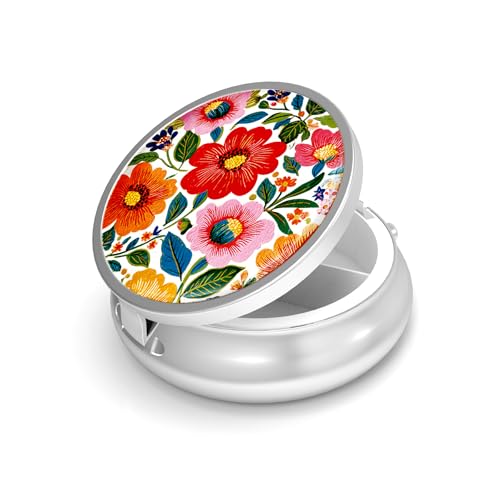 Image of Pill Box-3 Compartment Small Pill Case for Purse & Pocket Mini Metal Pill Holder Travel Pill Container to Hold Supplements Vitamins BPA-Free (A-Flowers-03)