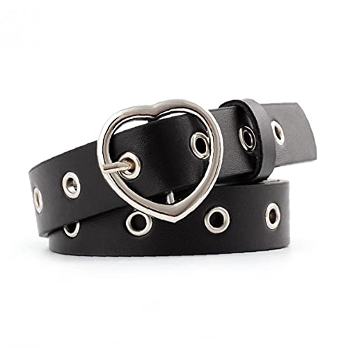 Women Waistband Female Belt Pants Wide Leather Belt with Silver Metal Heart Buckle Black