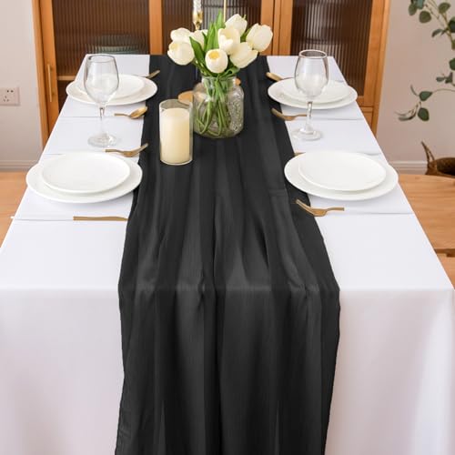 Chemin de table en mousseline noire pour repas de fête et table de mariage