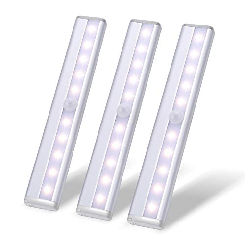 Closet Motion Activated Light,Under Cabinet Lights,Homelife Sensor Nightlight,10LED Wireless Cordless Stick-on Battery Operated Aluminium Alloy Night,for Stairs,Wardrobe,Kitchen,Hallway(3 Pack White)