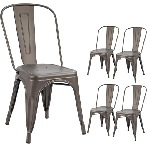 Image of Devoko Metal Indoor-Outdoor Chairs Distressed Style Kitchen Dining Chairs Stackable Side Chair with Back Set of 4 (Gun)