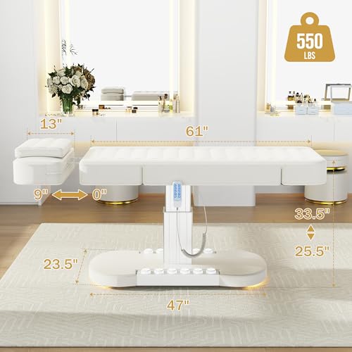 Image of Professional Electric Spa Table /Chair with LED Light, 3 Motor Height Adjustment, Backrest, Leg Support Angle Adjustable for Massage, Facial, Medical, Tattoo, Waxing, Beauty Salon and More - White