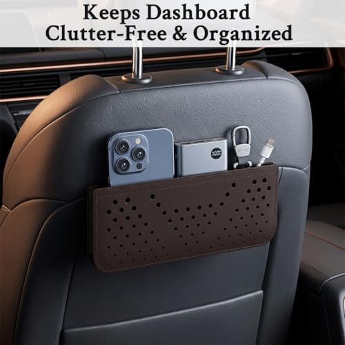 Image of STHIRA Car Storage Pouch Dashboard PU Breathable Utility Peel-and-Stick Bag Phone Keys Cards Sunglasses 24x10cm Brown Car Interior Accessories