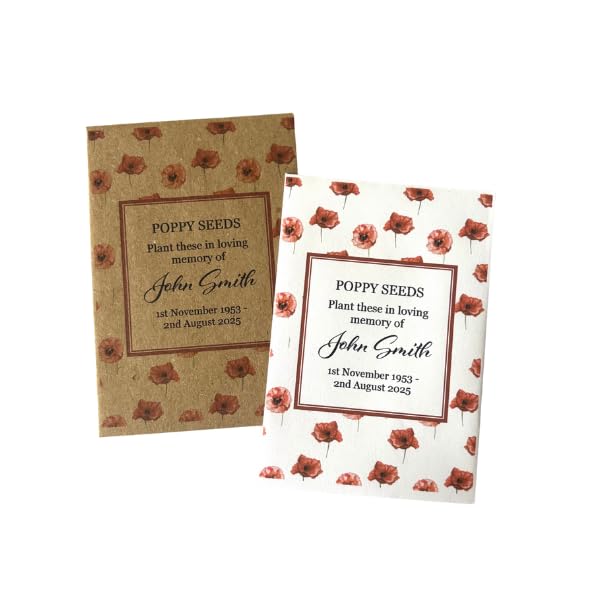 Personalised Memorial Poppy Seeds Packet, Funeral Remembrance Favours with Custom Name and Dates, Pack of 10 Favours (Poppy Full Page)