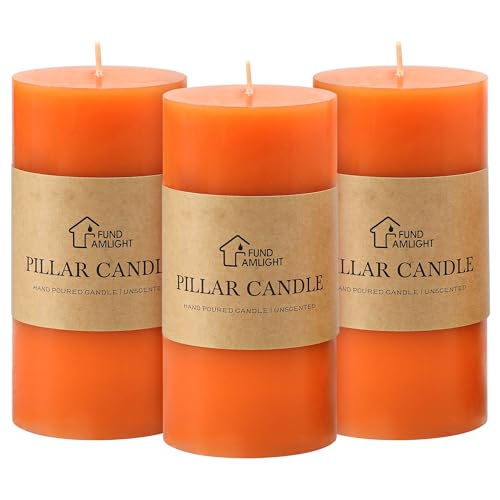 3x6 Inch Orange Pillar Candles Set of 3 - Unscented Fall Pillar Candles