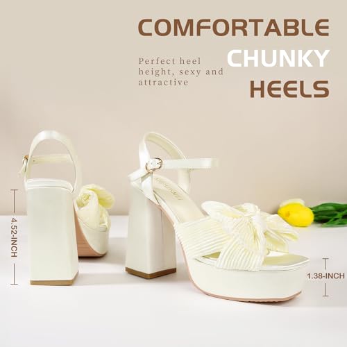 Image of KHPAERMEI Bow Knot Platform Heels for Women Chunky Heeled Sandals | Fashion Comfortable Open Toe Ankle Strap Block High Heels,Suitable for Wedding Party Dress Evening Prom Shoes