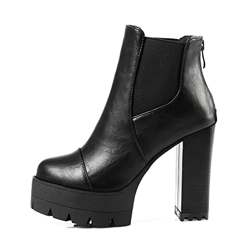 VOKLIN Women's Platform Chunky Block High Heel Ankle Boots Round Toe Side Panel Zipper Dressy Short Booties2