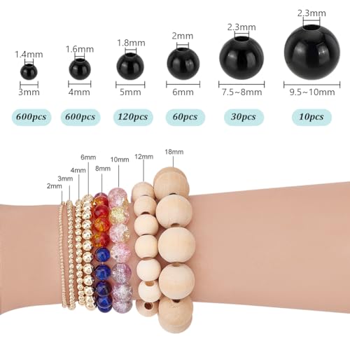 PH PandaHall 1070pcs Black Beads 3/4/5/6/8/10mm Black Eyes Beads Smooth Craft Bead Round Spacers Embroidery Bead for DIY Jewellery Making Crafting Eyes Knitting Decorations