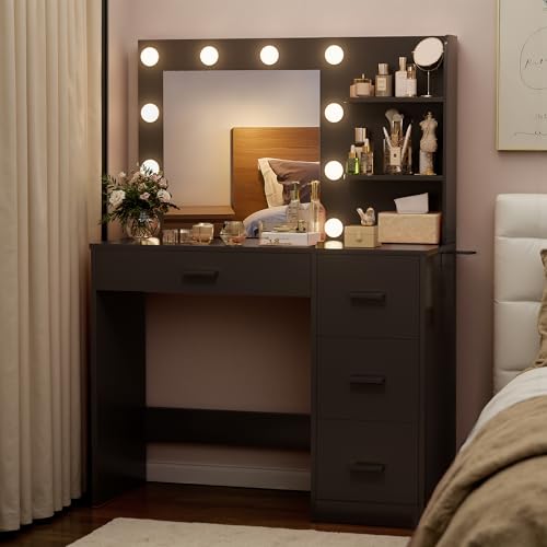 Image of Furmax Vanity Desk with LED Lighted Mirror&Power Outlet, Makeup Vanity Table with 4 Drawers, 3 Open Storage Shelves, and 3 Color Modes, for Bedroom (Black)