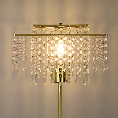 Mlambert Double Layer Lampshade Crystal Floor Lamp For Bedroom, Floor Lamp For Living Room, Elegant Standing Lamp, 61.57" Tall Pole Lamp, Modern Floor Lamp For Room Decor, 6W Led Bulb Included, Gold #TOP2