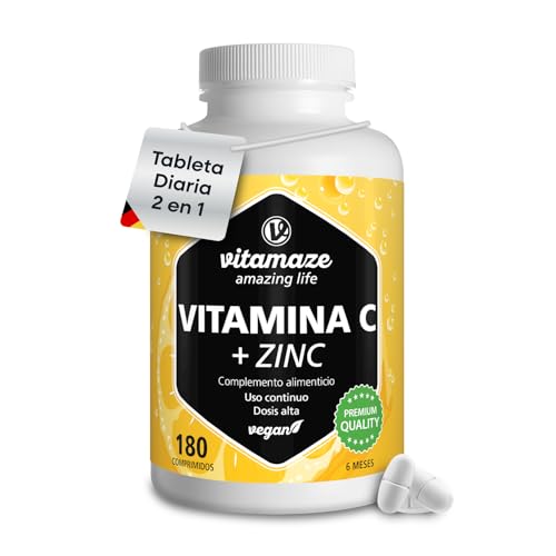 Vitamina C + Zinc 1000mg con Bioflavonoides - Sistema Inmunológico y Reducción del Cansancio - 180 Comprimidos para 6 Meses - Vegano sin Aditivos - Calidad Alemana