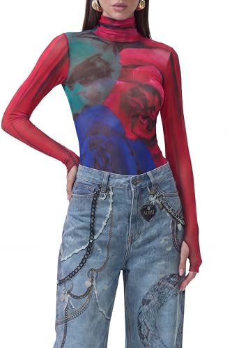 AFRM Women's Zadie Sheer Mesh Long Sleeve Turtleneck Top, Multi Blur Rose, Large