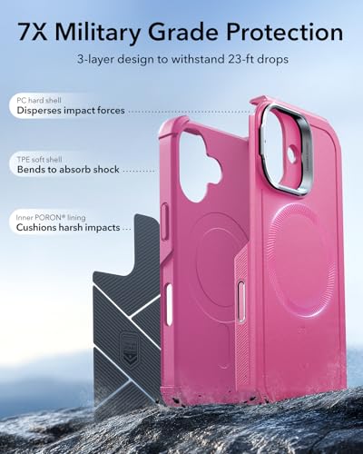 Image of ESR for iPhone 17 Phone Case with Stand, 23ft Military-Grade Drop Protection with Camera Control, Shock-Absorbing Rugged Cover, Compatible with MagSafe Accessories, Cyber Series, Pink