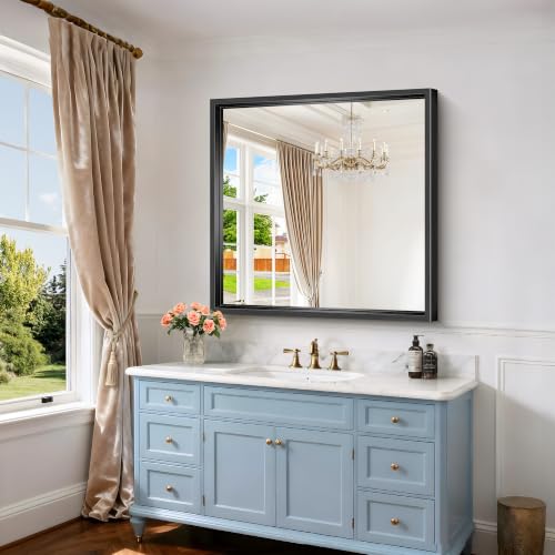 Image of Bathroom Mirror, 36 x 36 inch Brushed Black Square Mirrors for Wall | 0.6 inch Thickened Deep Frame Rectangle Mirrors for Over Sink, Shatterproof Tempered Glass, Antirust, Horizontally or Vertically