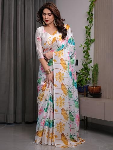 Image of ALMAARI FASHION Women's Floral Printed Georgette Satin Saree with Unstitched Blouse Piece | Traditional Ethnic Wear Sarees | Soft Lightweight Ethnic Office Wear Daily Wear Indian Sari (SG 101-110 SH)