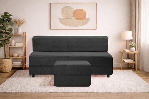 Image of 5X6-Feet Leg Sofa Cum Bed with Ottoman | Jute Fabric 3 Seater Convertible Sofa Bed | Modern Space Saving Furniture for Living Room | Black