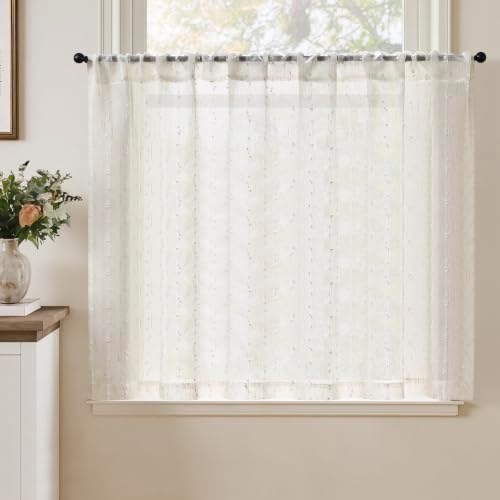 TOPICK Scheibengardinen mit Punkten halbtransparent H90xB150cm 1 Stück Weiß | Lichtdurchlässig Küchengardinen mit Punkt modern Leinenoptik Küchevorhänge Landhausstil Kurzgardine Wo