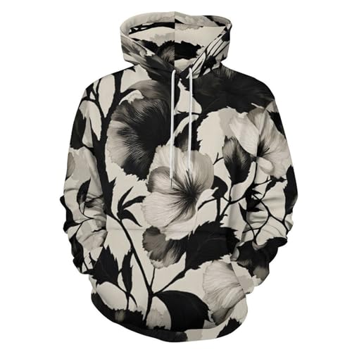 Sweat à capuche imprimé 3D beige avec motif artistique plantes à l'encre