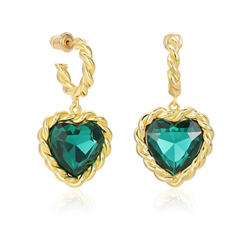Boucles d'oreilles à breloques en forme de cœur en cristal pour femme, plaqué or 16 carats avec pierre de naissance en forme de cœur, boucles d'oreilles en corde torsadée, bijoux, cadeaux (Green) Cover