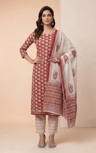 Image of Eddika women unstitched hand block printed cotton suit set with mulmul dupatta ehbpcswmd0120P
