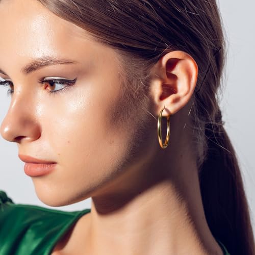 AMELINE 14K Gold Earrings for Women, Shiny Gold Hoops, Small Hoop Earrings for Women Trendy, Hypoallergenic Thicker Gold Hoop Earring, Well-polished Finish 30mm3