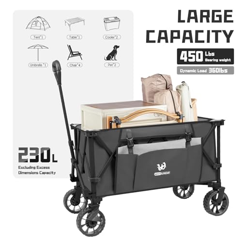 Whitsunday Folding Collapsible Utility Wagon, 400Lbs Heavy Duty Outdoor Park Beach Wagon with Table and Side Pocket for Garden Camping Sports Shopping Grey
