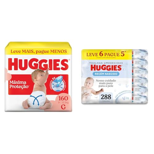 Kit Fralda Descartável Huggies Máxima Proteção Tamanho G 160 unidades + Lenços Umedecidos Pure Care - 288 Lenço