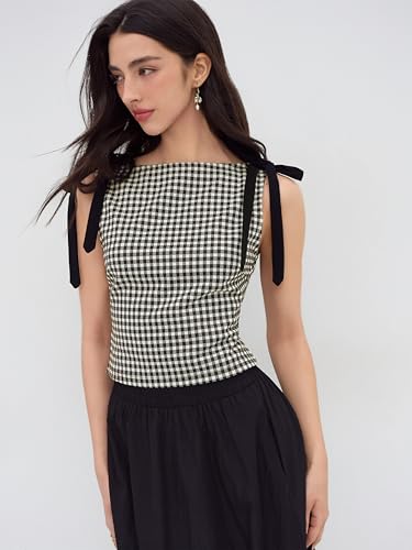 CIDER Tank Tops for Women Gingham Bow Tie Boat Neck Sleeveless Jacquard Slim Fit Top Blouses Womens Tops3
