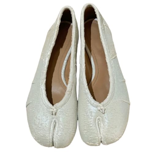 Tabi Split Toe Shoes for Women Genuine Leather Ballet Flats White Crackled Minimalist Comfortable Slip On for Everyday Wear