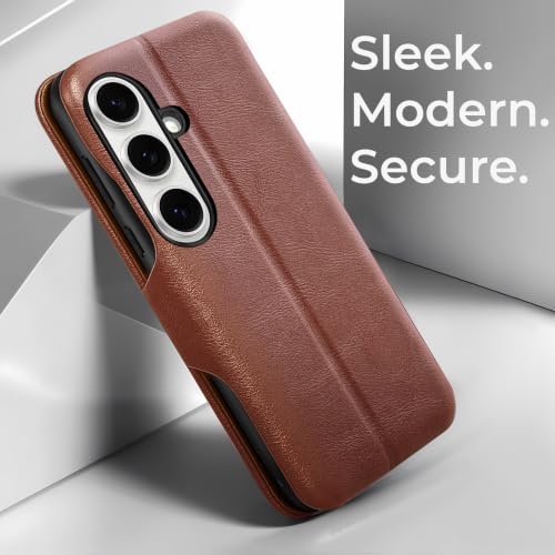 Image of PULOKA for Samsung Galaxy S24 - Sleek Flip Case - Premium Vegan Leather Phone Cover with Card Slot - Slim, Durable, Privacy Protection - Kickstand Function - Elegant Flip Wallet Cases - Brown