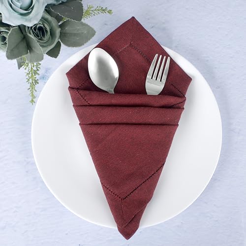 Image of FINGERCRAFT Hemstitched Cotton Table Napkins - Set of 12, 20x20 Inch, 100% Cotton Cloth Napkins with Faggoting Stitching - Durable & Elegant for Parties, Hotels, Everyday Use (Burgundy Black Twill)